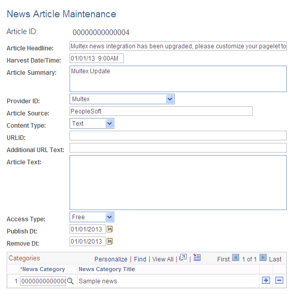 News Article Maintenance page