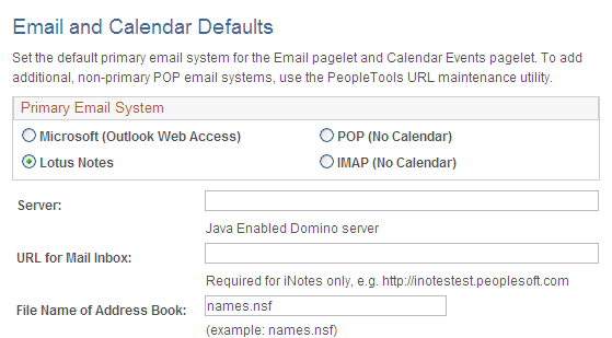 Email and Calendar Defaults page with the Lotus Notes option selected