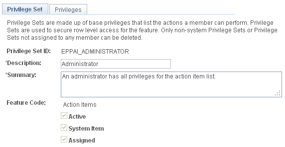 Privilege Set page