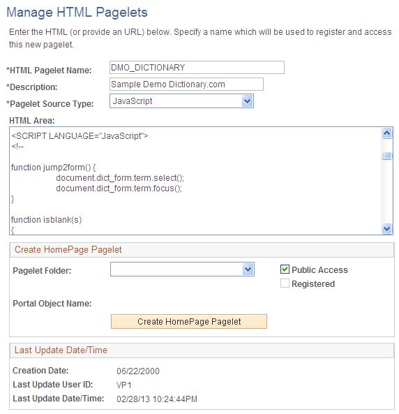 Manage HTML Pagelets page