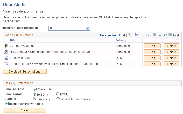 User Alerts page
