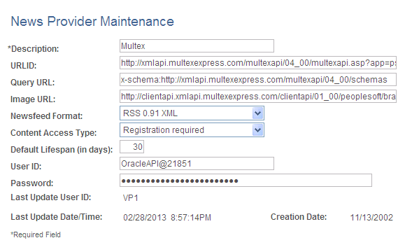 News Provider Maintenance page