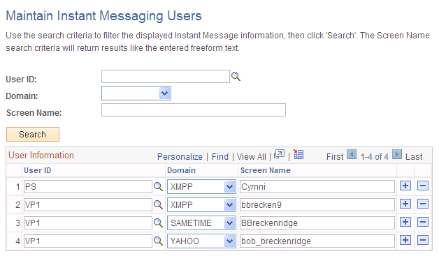Maintain Instant Messaging Users page