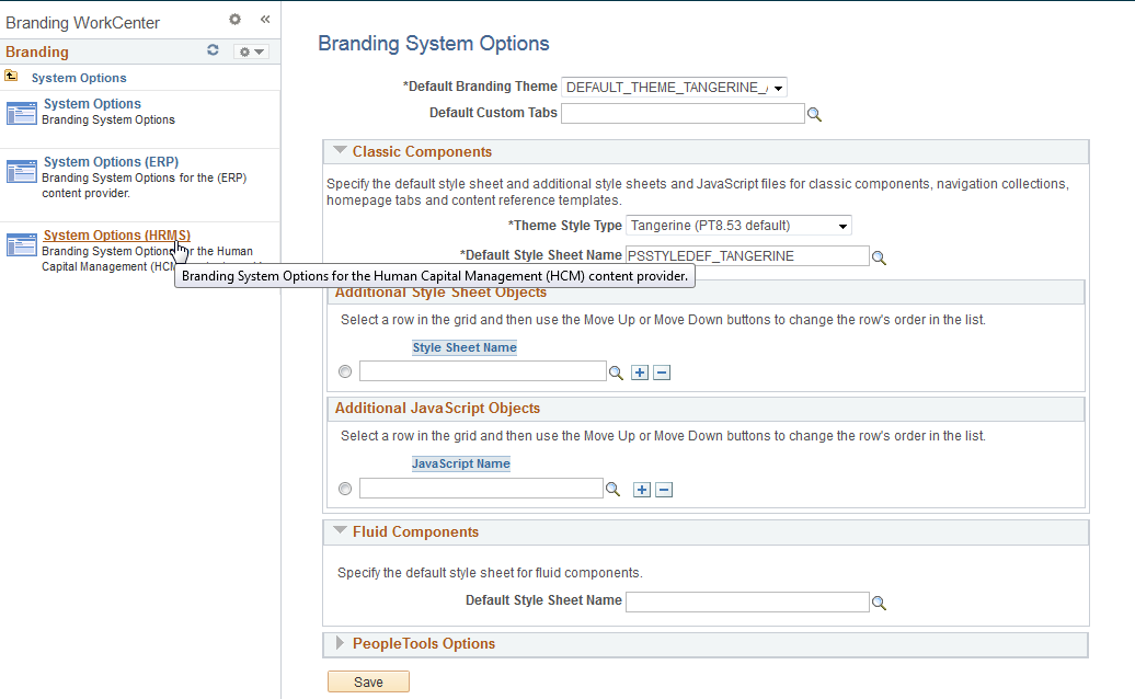 A remote Branding Systems Options page within the Branding WorkCenter