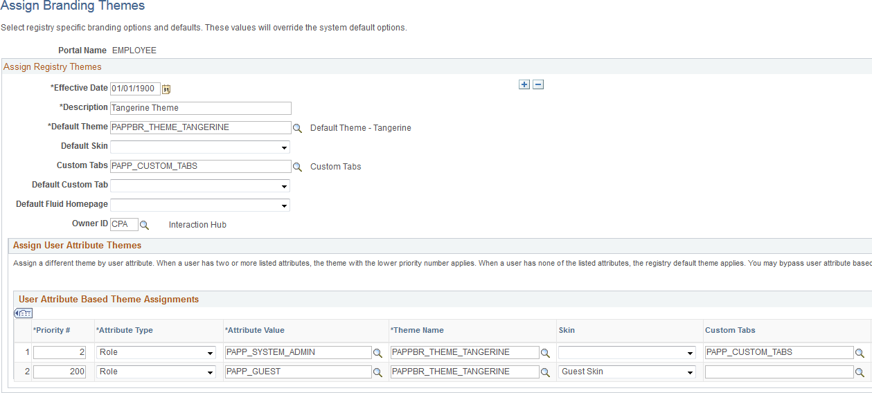 Assign Branding Themes page for the EMPLOYEE portal