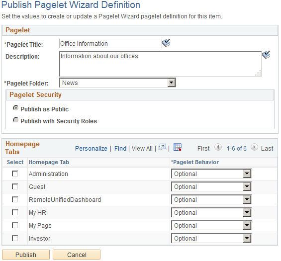 Publish Pagelet Wizard Definition page