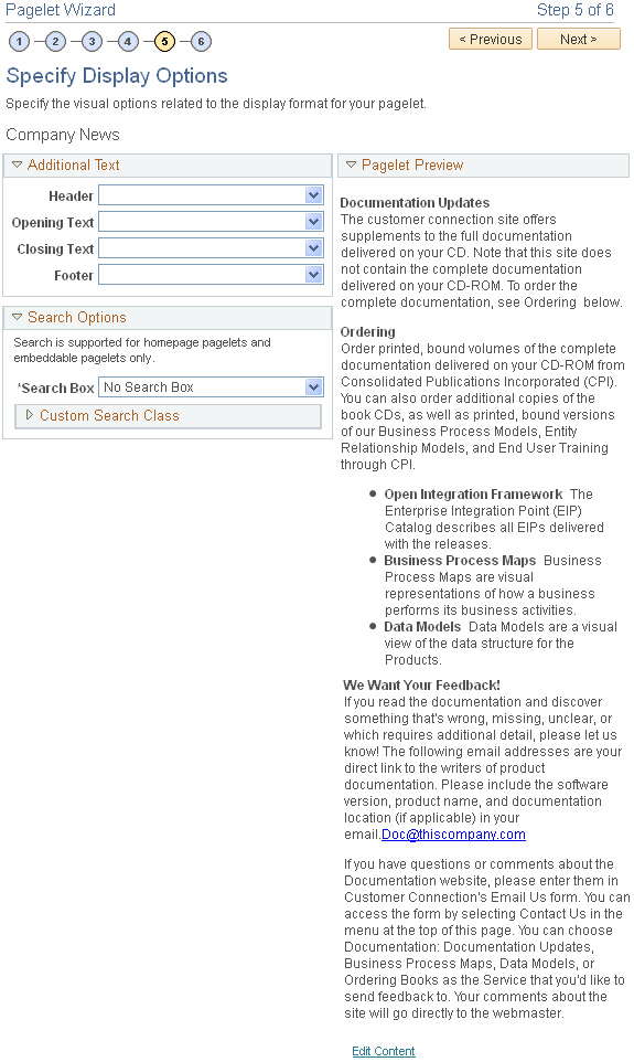 Pagelet Wizard - Select Display Options page with Passthru display format selected for a content item