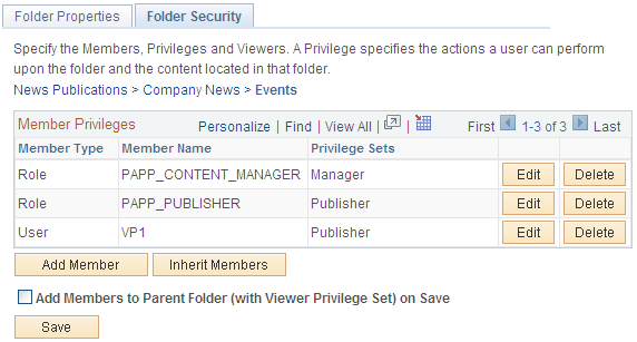 Folder Security page: News Publications feature