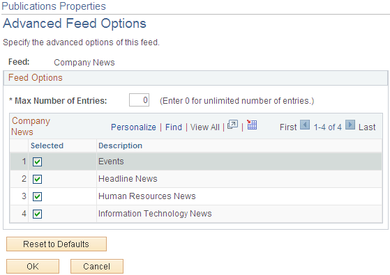 Publications Properties - Advanced Feed Options page