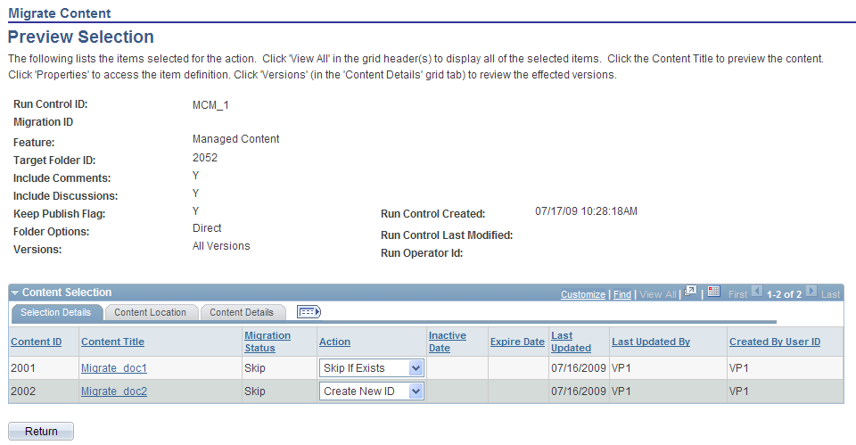 Content Migration - Preview Selection page, Selection Details tab