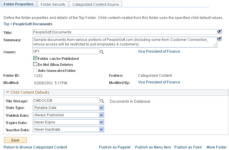 Folder Properties page