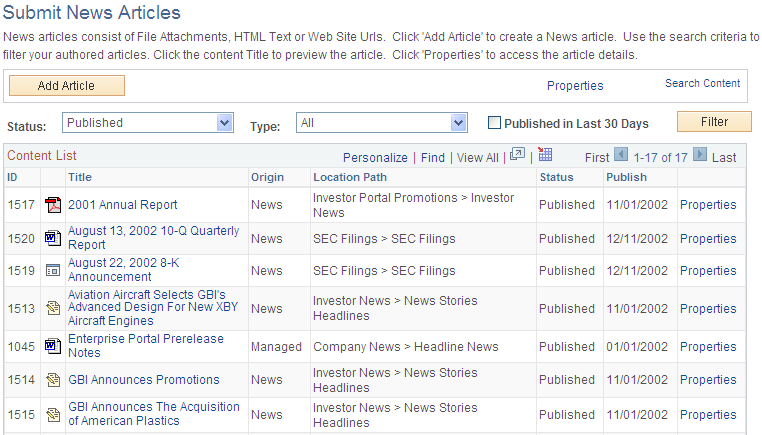 Submit News Articles page