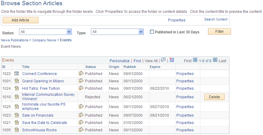Browse Section Articles page