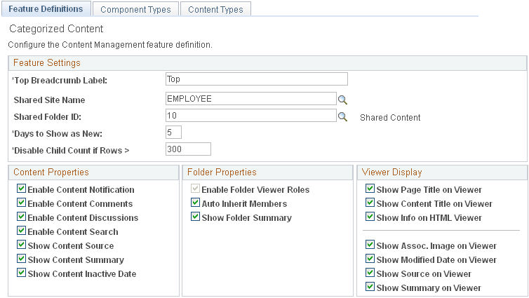 Feature Definitions page