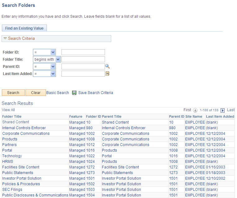 Search Folders page