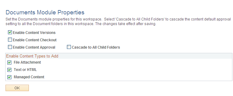 Documents Module Properties page