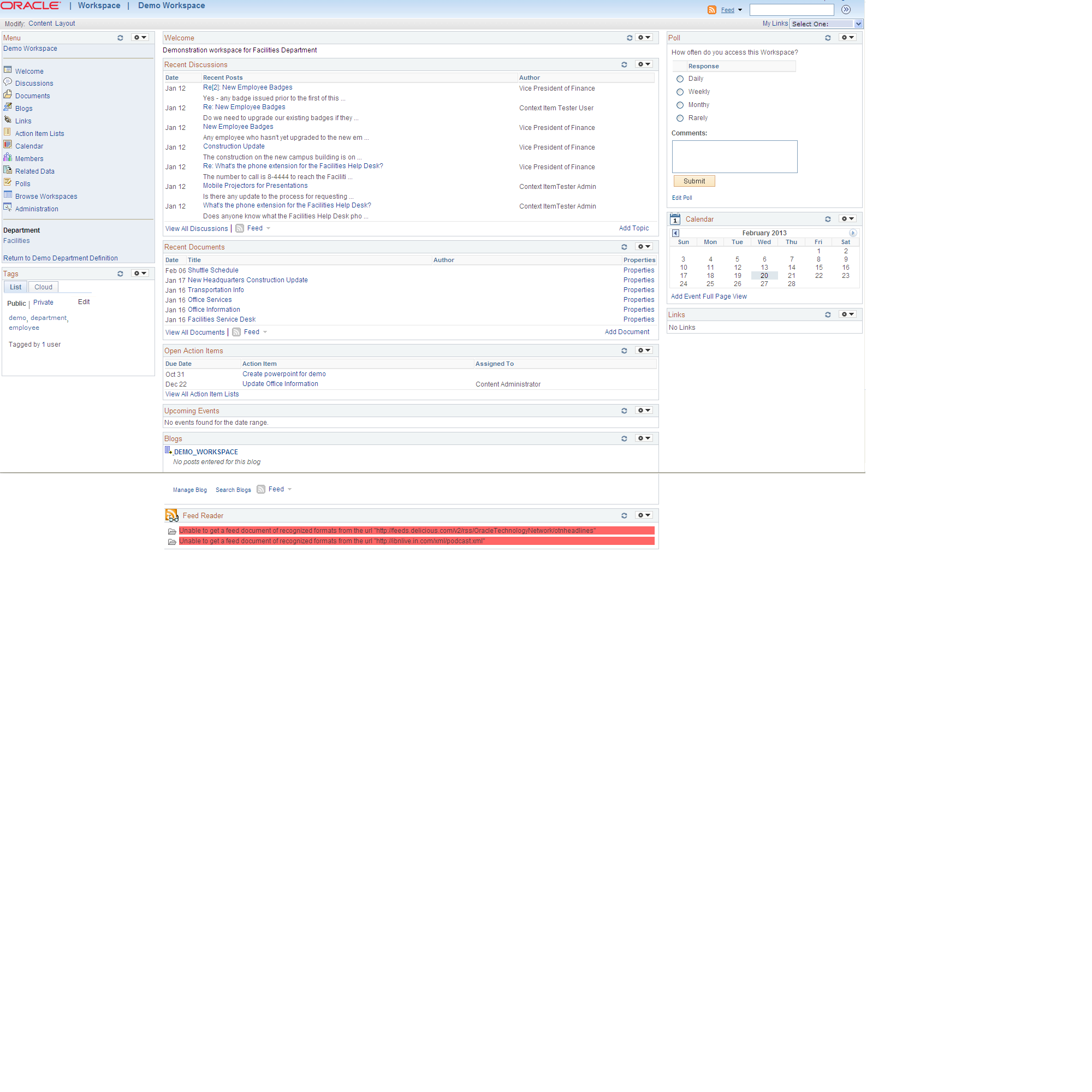 Example of a workspace homepage