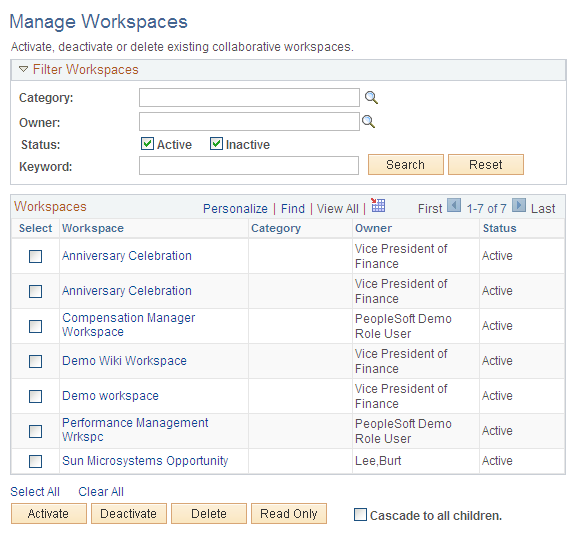 Manage Workspaces page