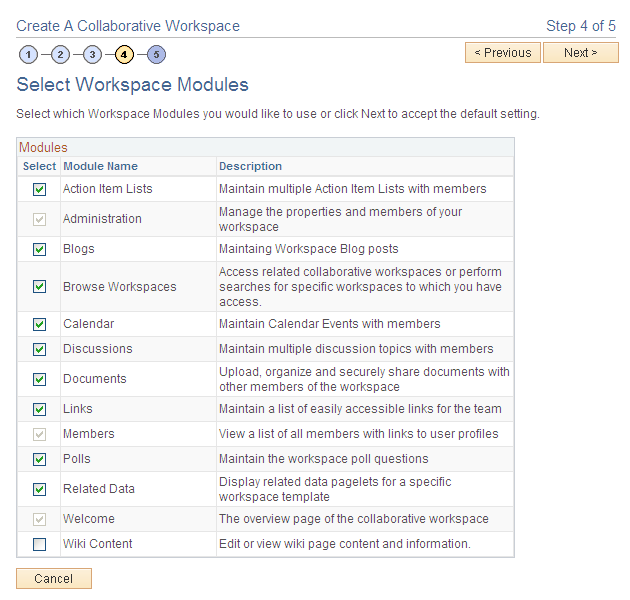 Select Workspace Modules page