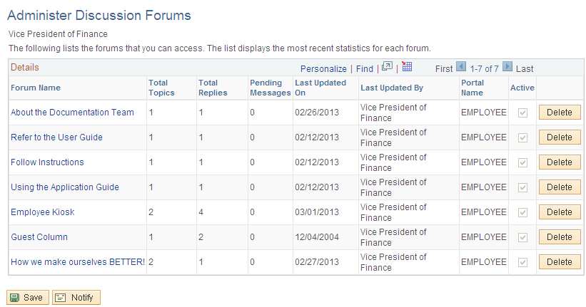 Administer Discussion Forums page