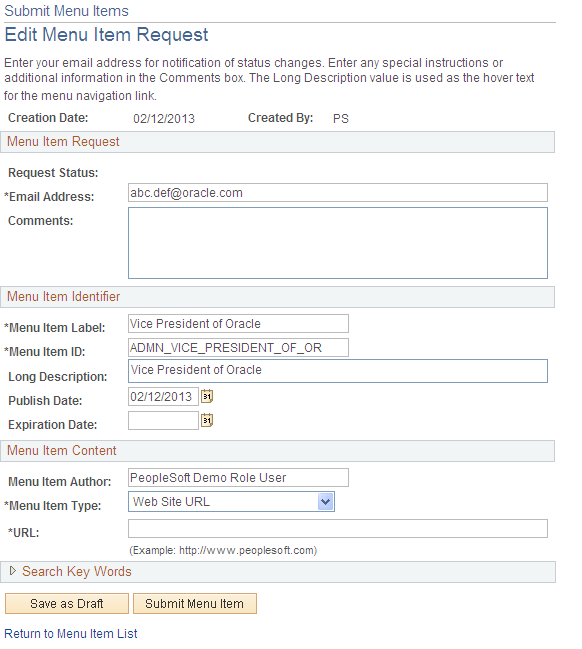 Edit Menu Item Request page