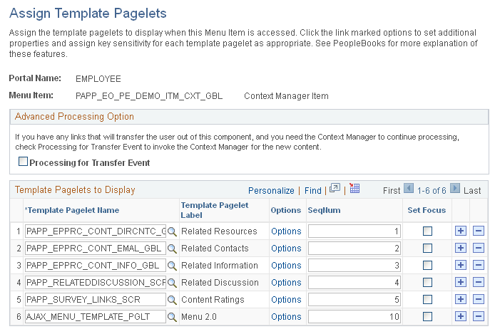 Assign Template Pagelets page