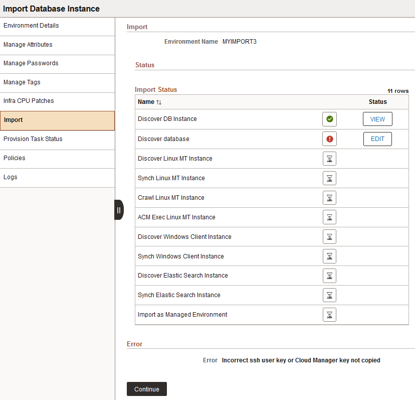 Import Database Instance page showing a process with an error