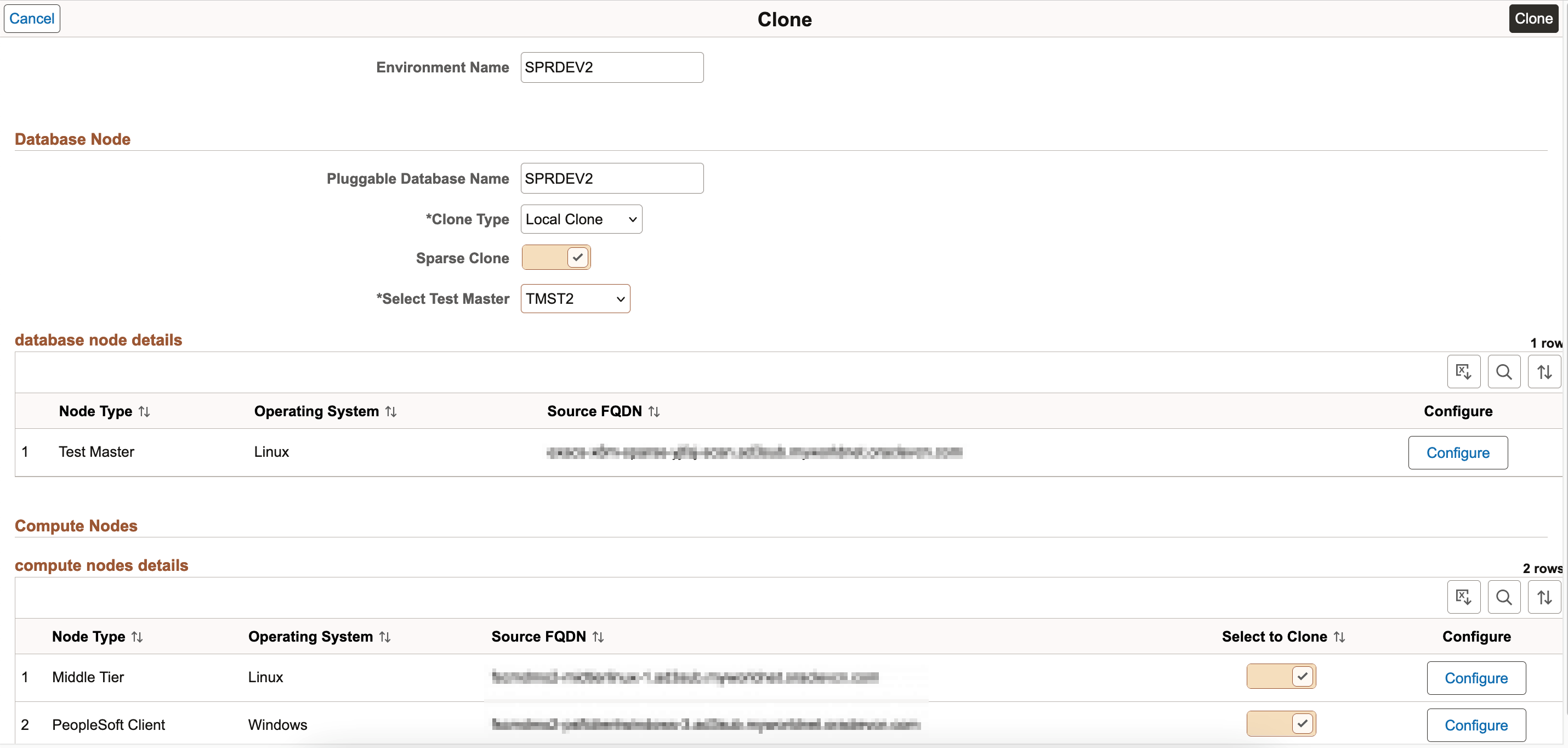 Configuration page for selecting Sparse Clone option for Exadata