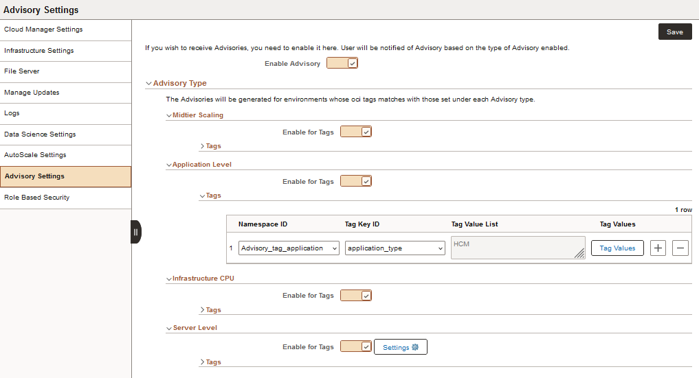 Cloud Manager Settings - Advisory Settings page