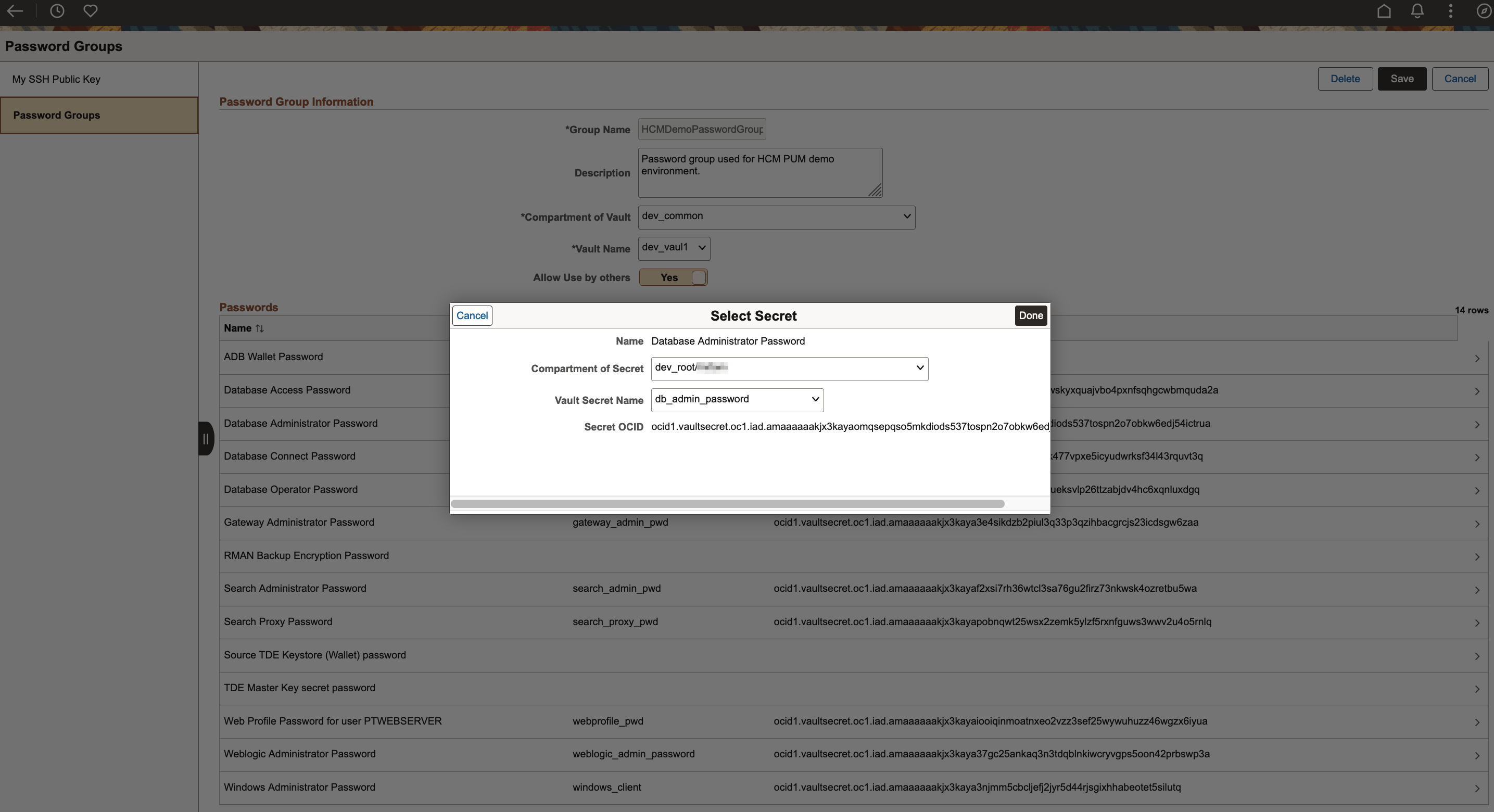 Selecting Secret in Password Group Information