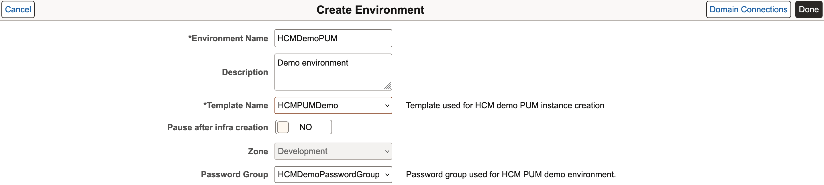Create Environment page
