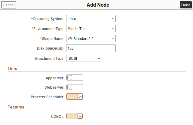 Add Node page for Middle Tier with Process Scheduler and COBOL enabled