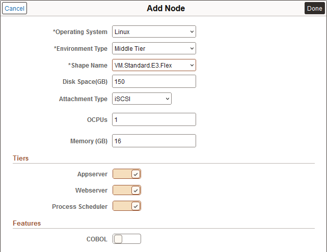 Add Node page for VM.Standard.E3.Flex shape