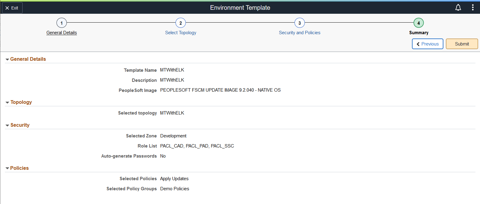 Environment Template - Summary page