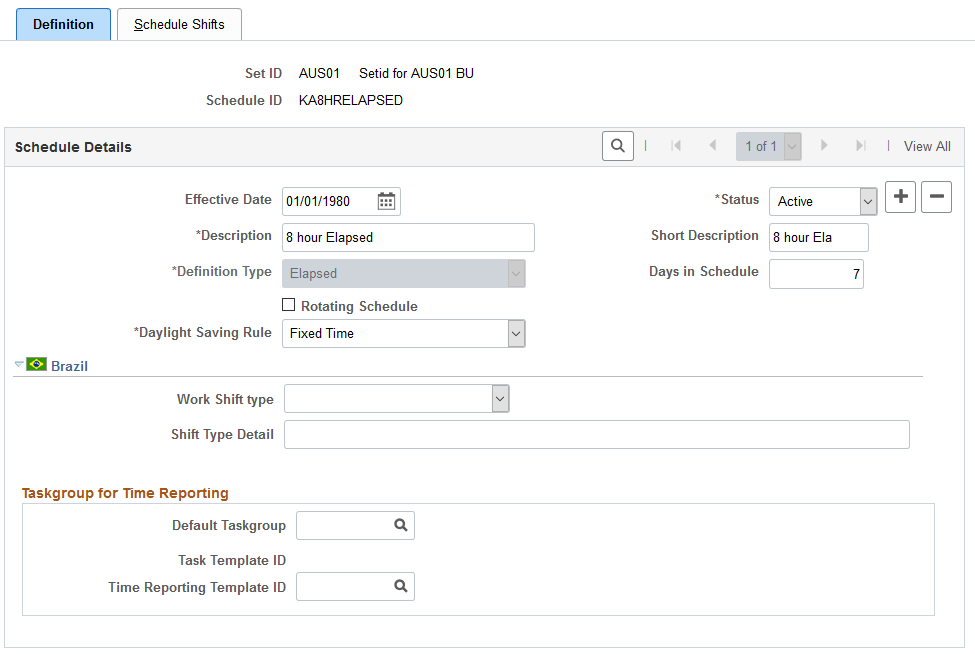 Schedules - Definition page