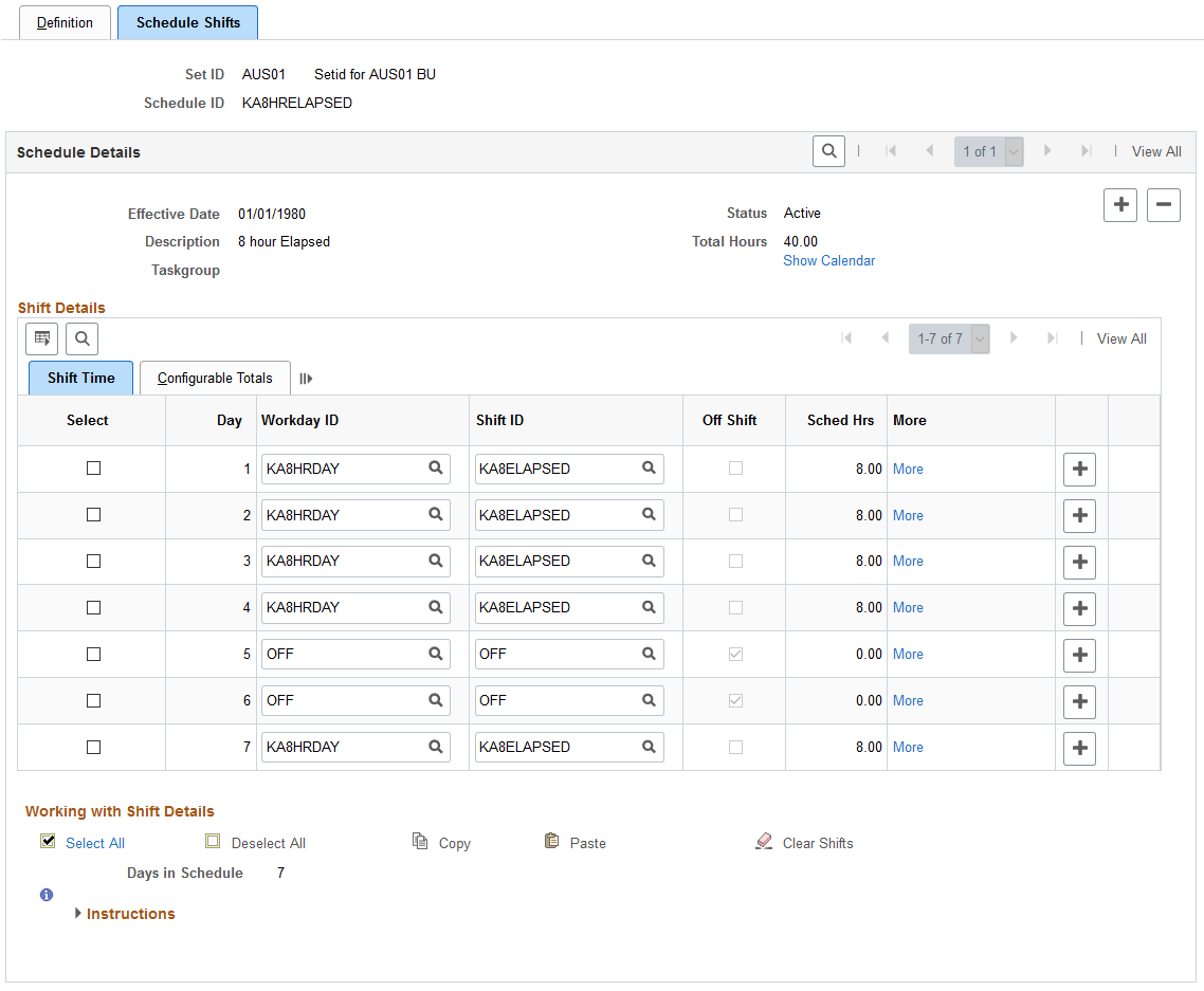 Schedule Shifts page: Shift Time tab