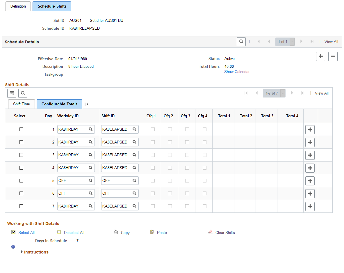 Schedule Shifts page: Configurable Totals tab