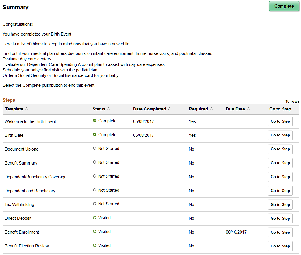 Summary page