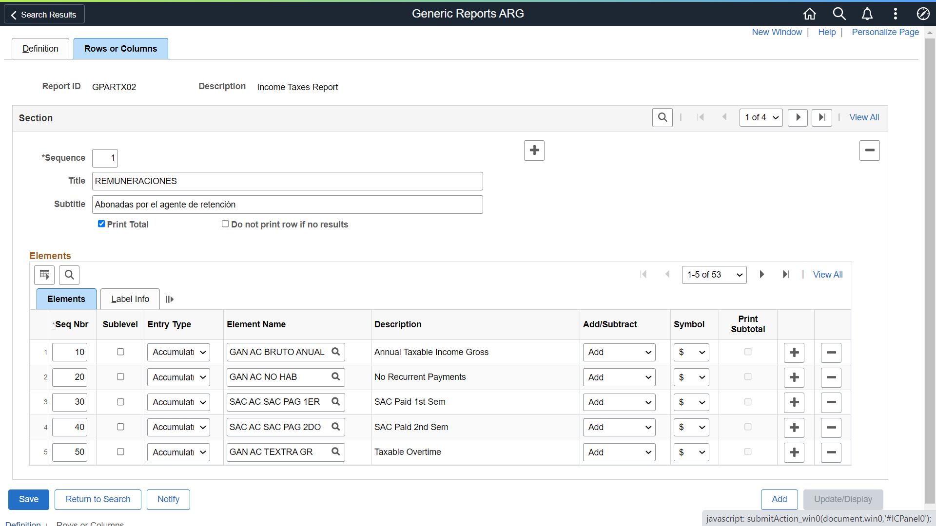 Generic Reports ARG_Rows or Columns page