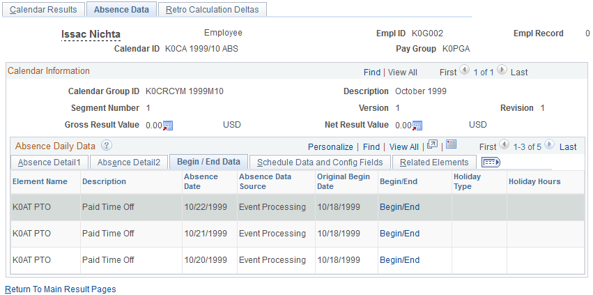 Absence Data page: Begin/End Data tab