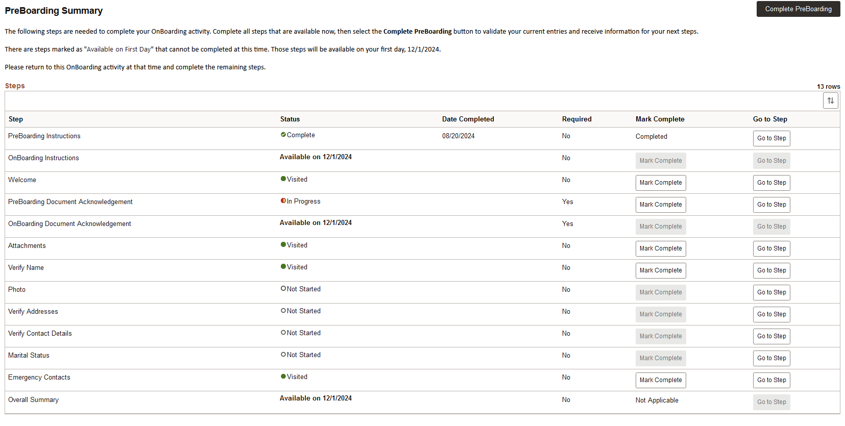 PreBoarding Summary page