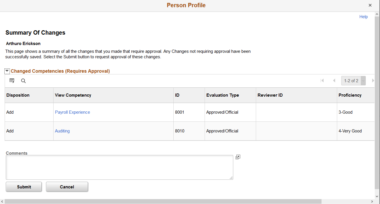 Person Profile - Summary of Changes page