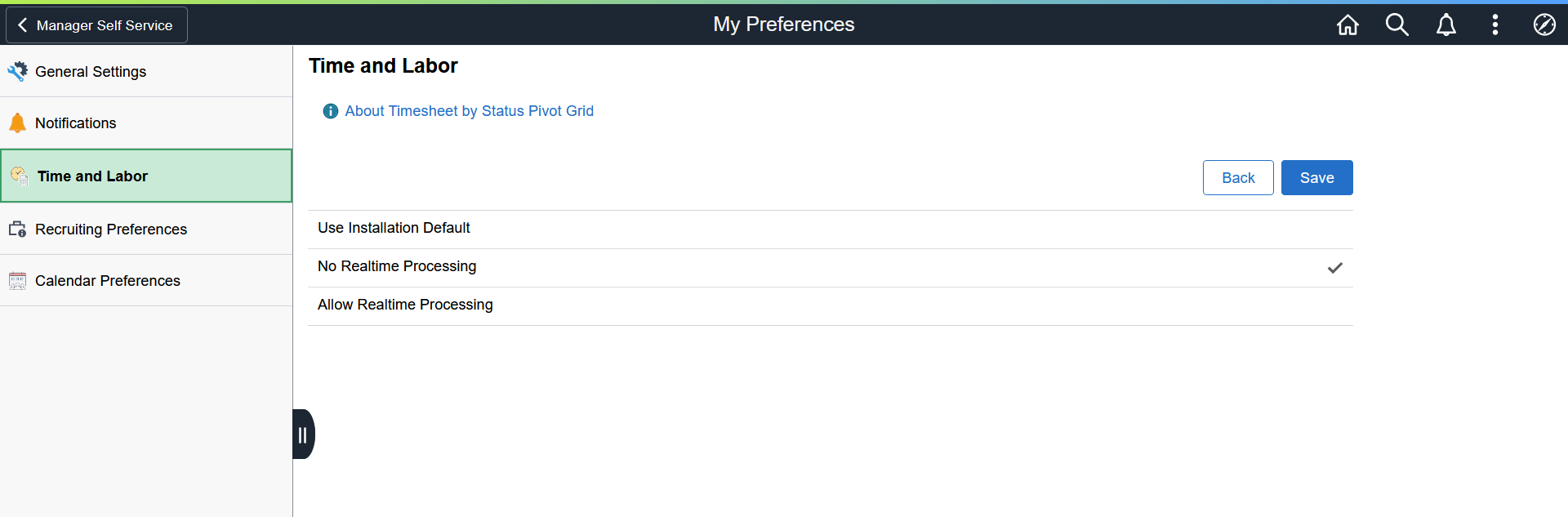 Timesheet By Status Pivot Grid section of the Time Reporting Preferences page