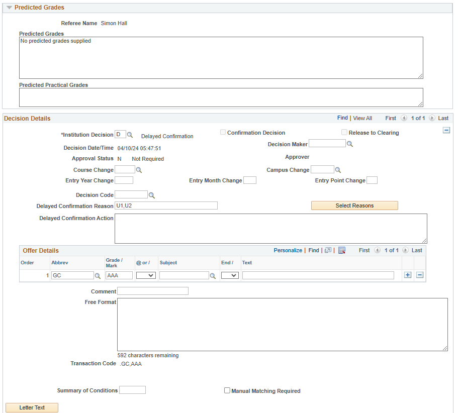 UCAS (Universities and Colleges Admissions Service) Decision Processing page (2 of 3)