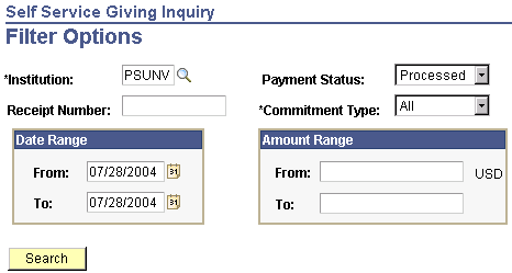 Self Service Giving Inquiry - Filter Options page