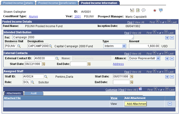 Pooled Income Information page