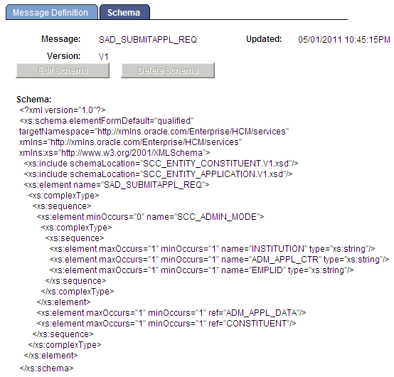 Example of a web service message calling the schema of a Part NonRowset message