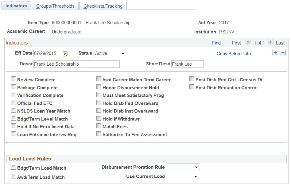 Disbursement Rules: Item Type - Indicators page