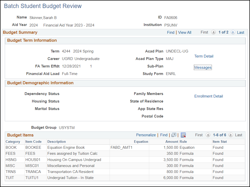 Batch Student Budget Review page