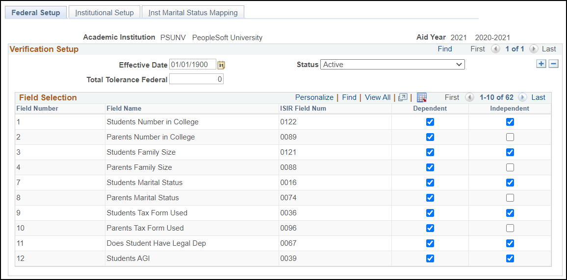 Federal Setup page